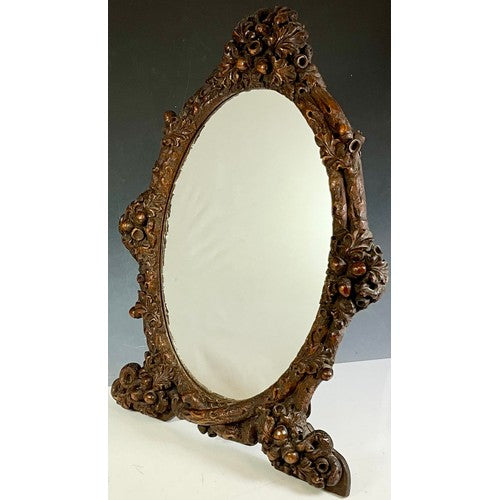 Unusual Antique Large Oak Carved Easel / Wall Mirror