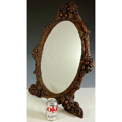 Unusual Antique Large Oak Carved Easel / Wall Mirror