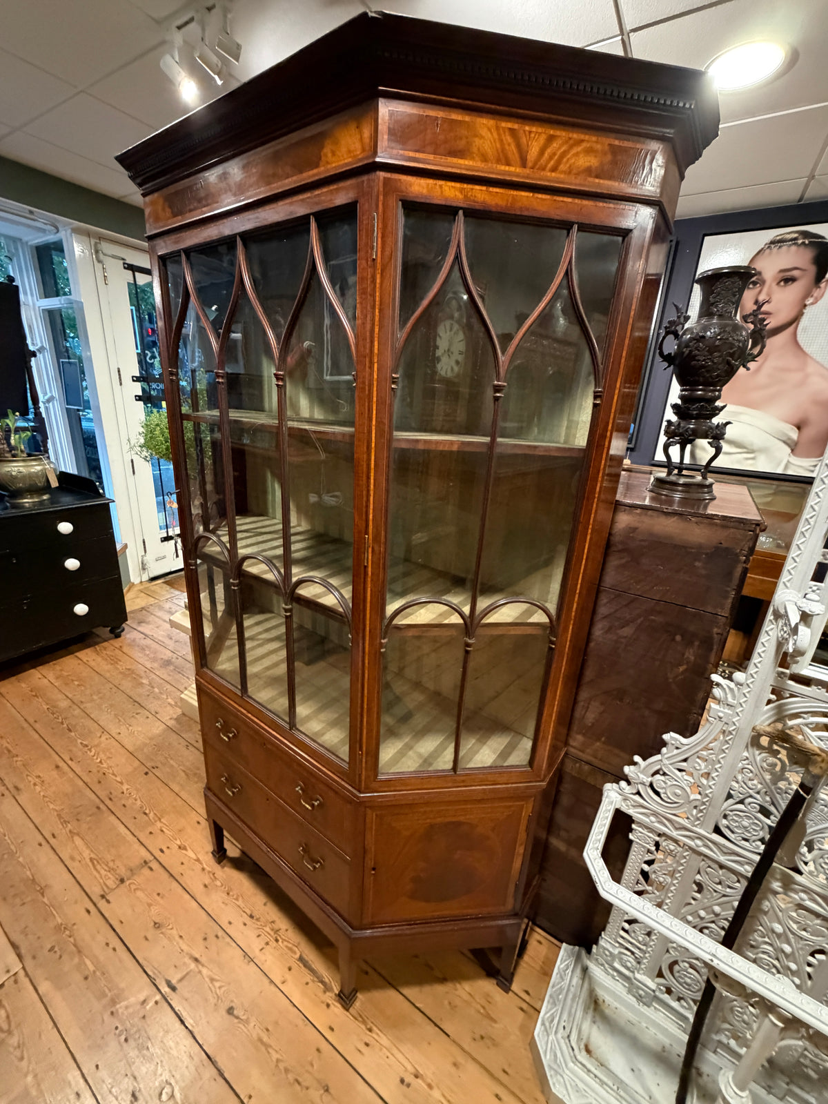 Large Antique Sheraton Style Edwardian Inlaid Mahogany Display Cabinet & Drawers