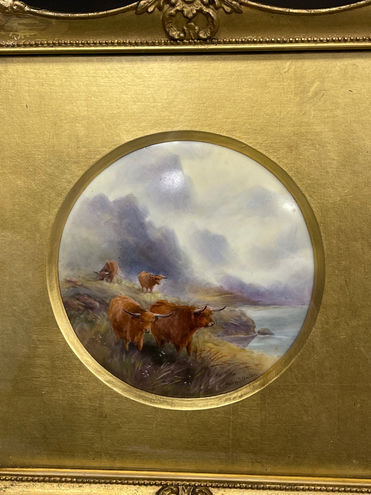 A Rare Royal Worcester Framed Porcelain Plaque Highland Cattle Signed Stinton c1920