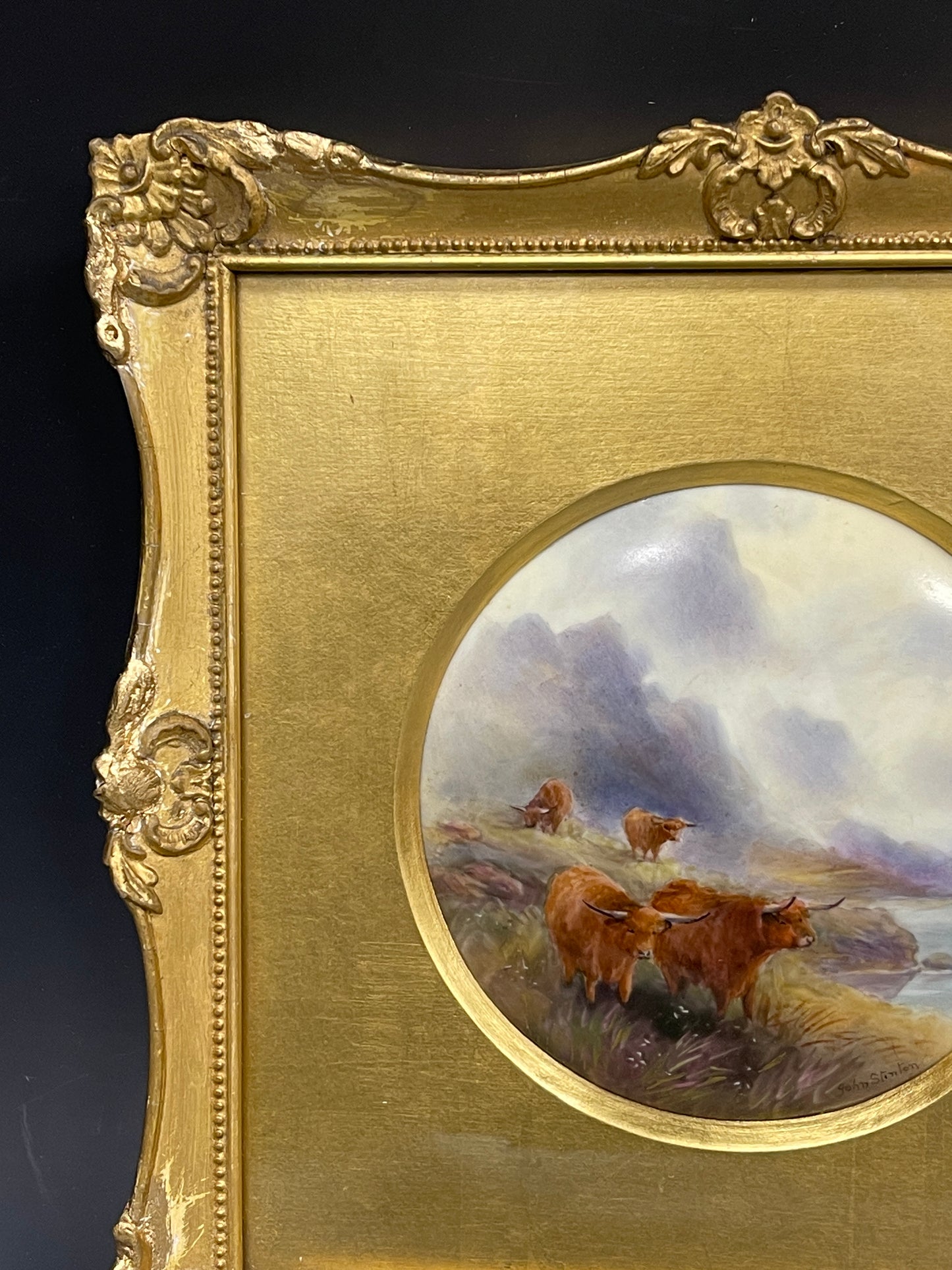 A Rare Royal Worcester Framed Porcelain Plaque Highland Cattle Signed Stinton c1920