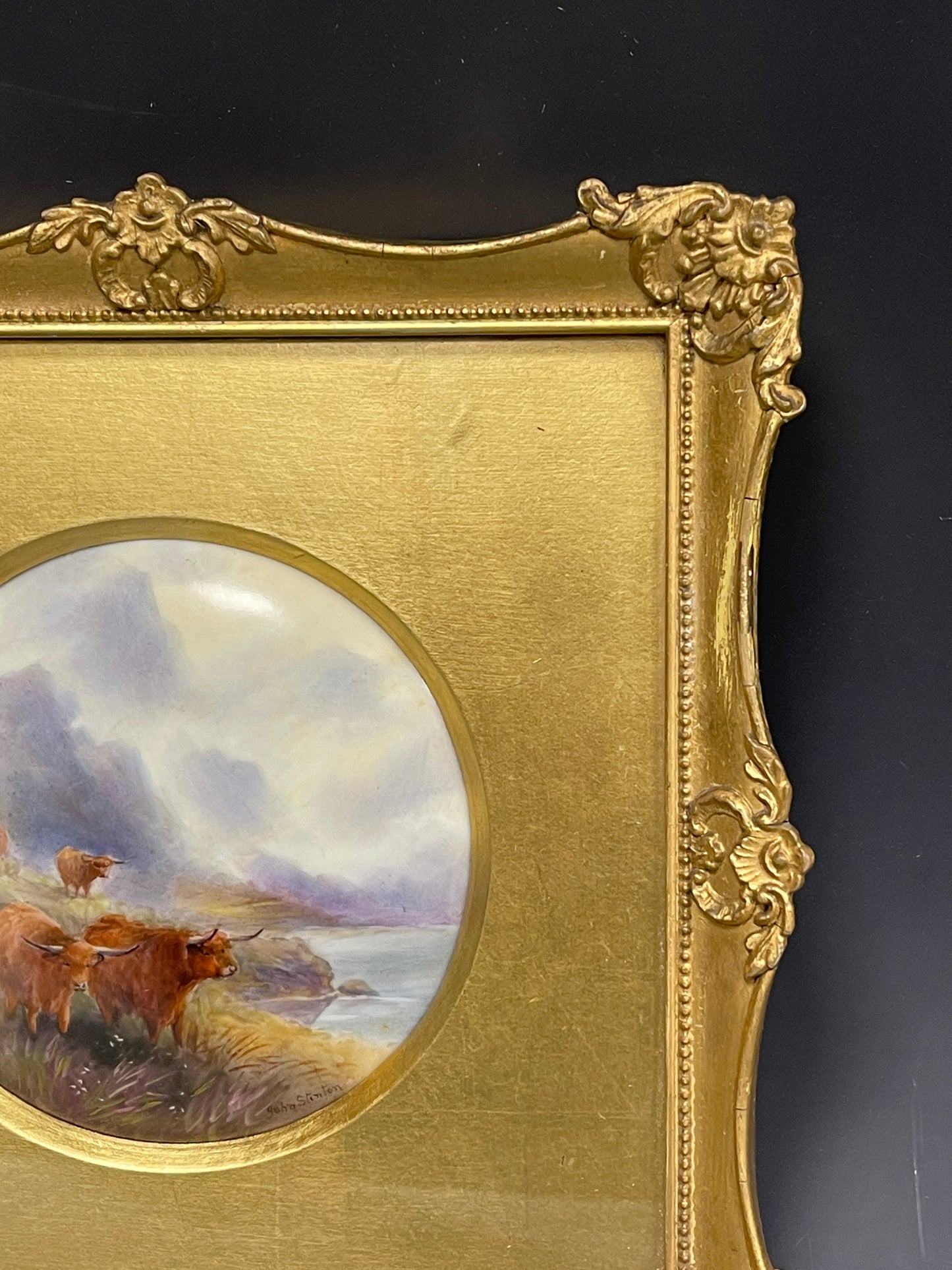 A Rare Royal Worcester Framed Porcelain Plaque Highland Cattle Signed Stinton c1920