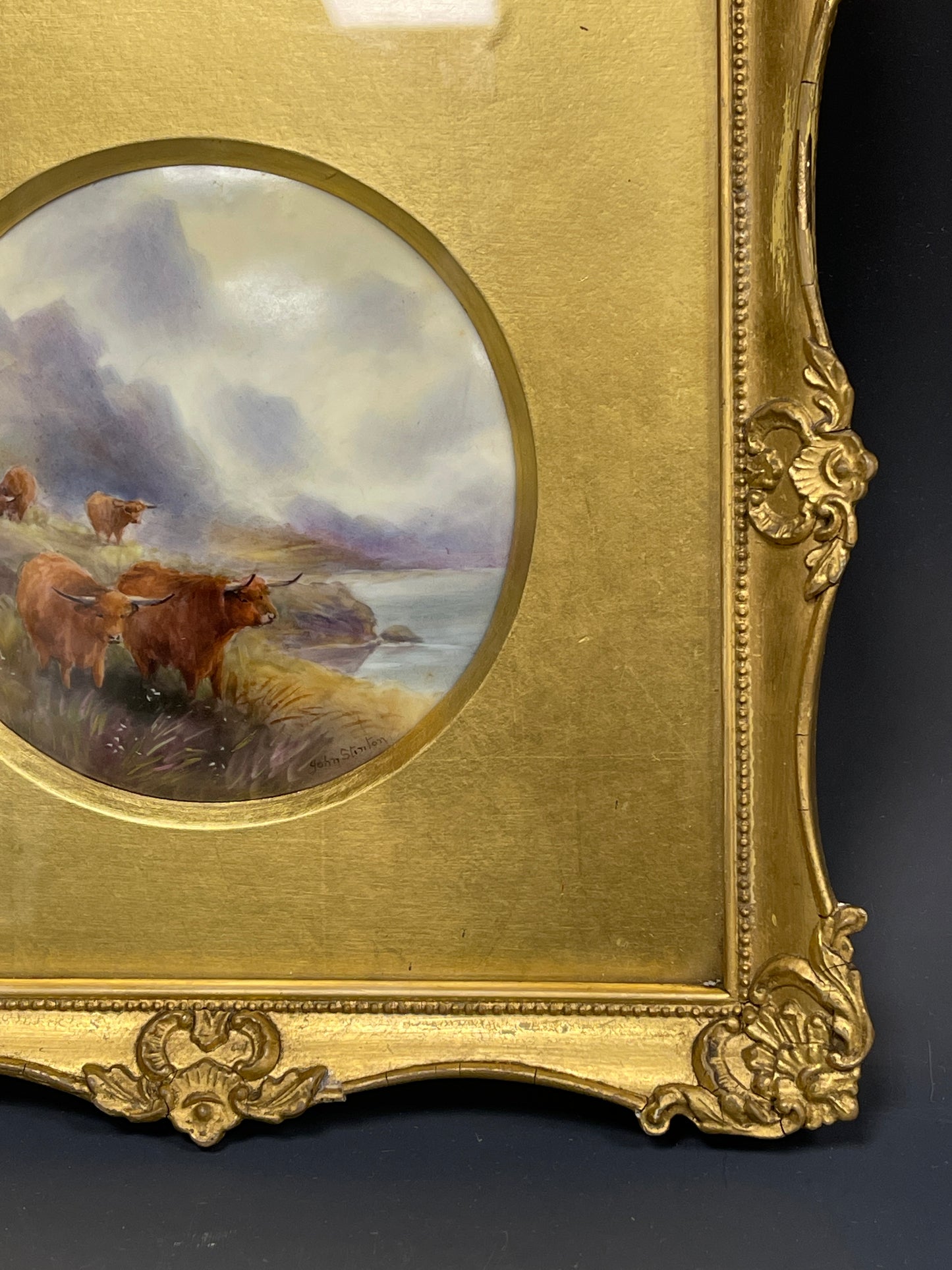 A Rare Royal Worcester Framed Porcelain Plaque Highland Cattle Signed Stinton c1920