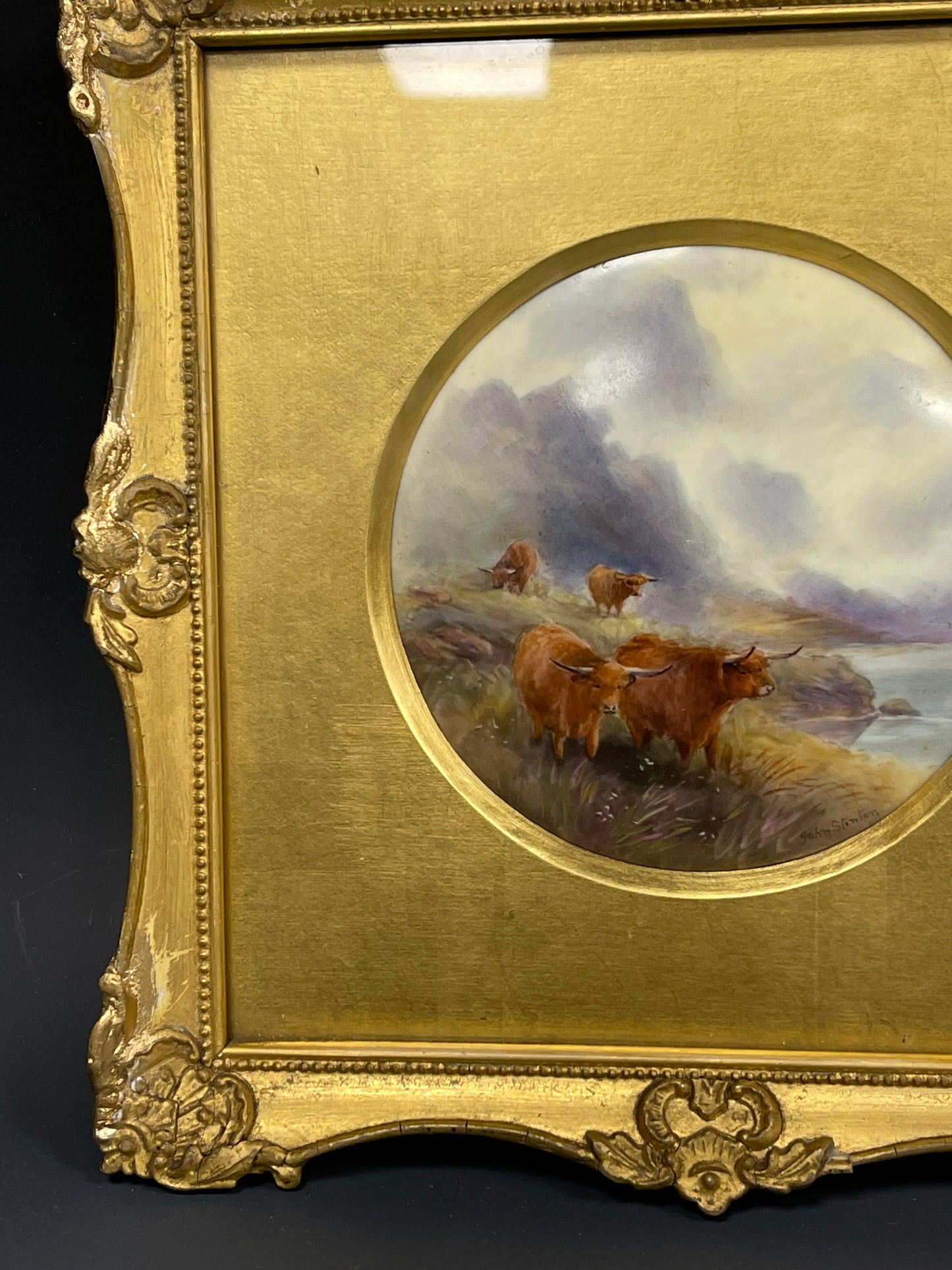 A Rare Royal Worcester Framed Porcelain Plaque Highland Cattle Signed Stinton c1920