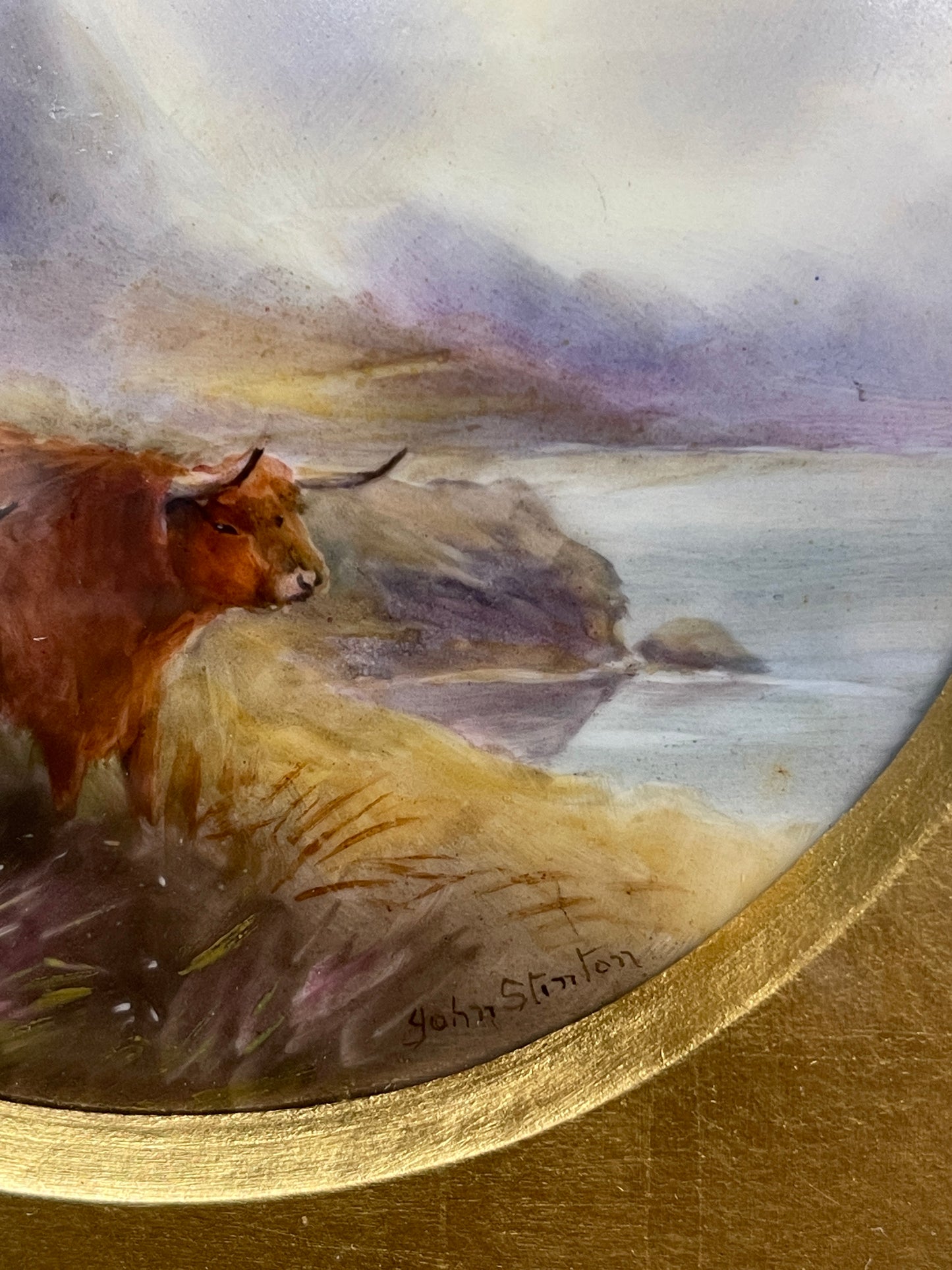 A Rare Royal Worcester Framed Porcelain Plaque Highland Cattle Signed Stinton c1920