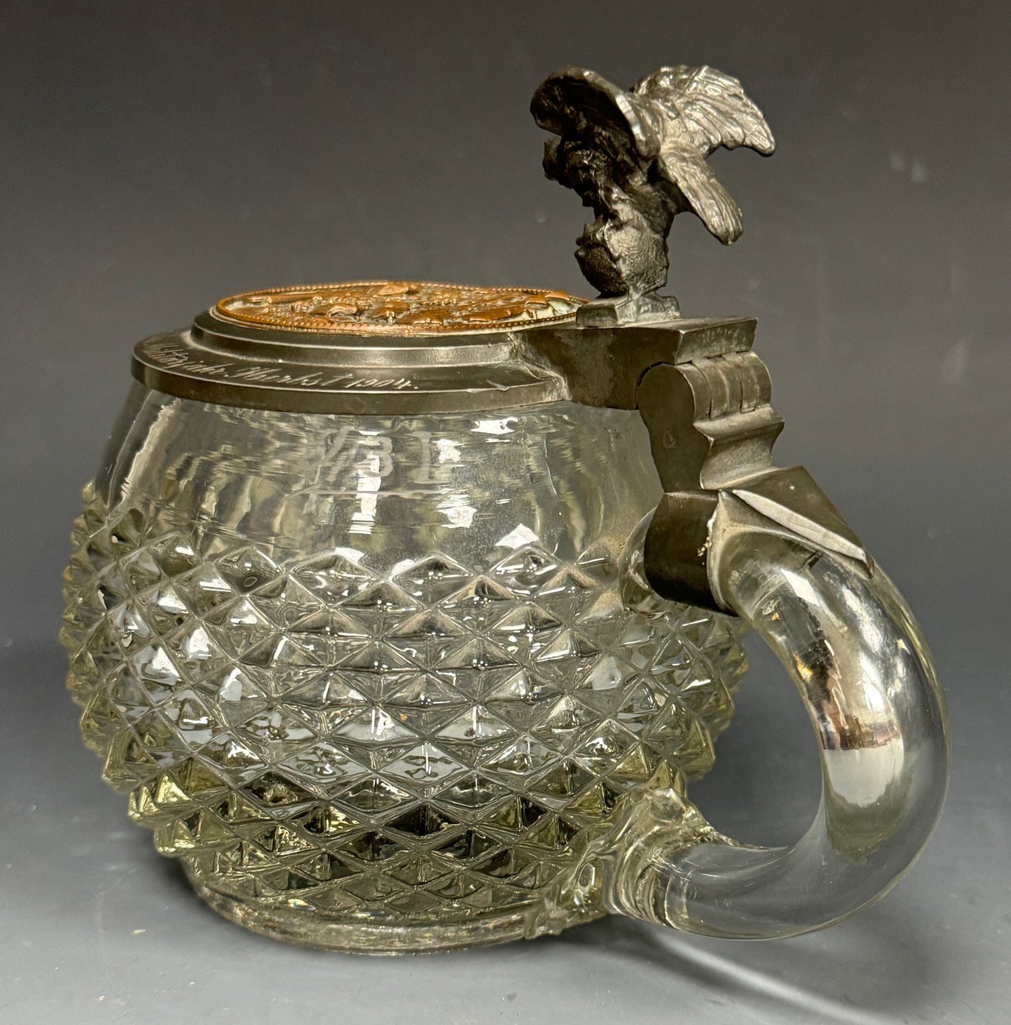 Antique Tübinger Igel Hedgehog Hobnail Glass Eagle Lidded Beer Stein Dated 1904