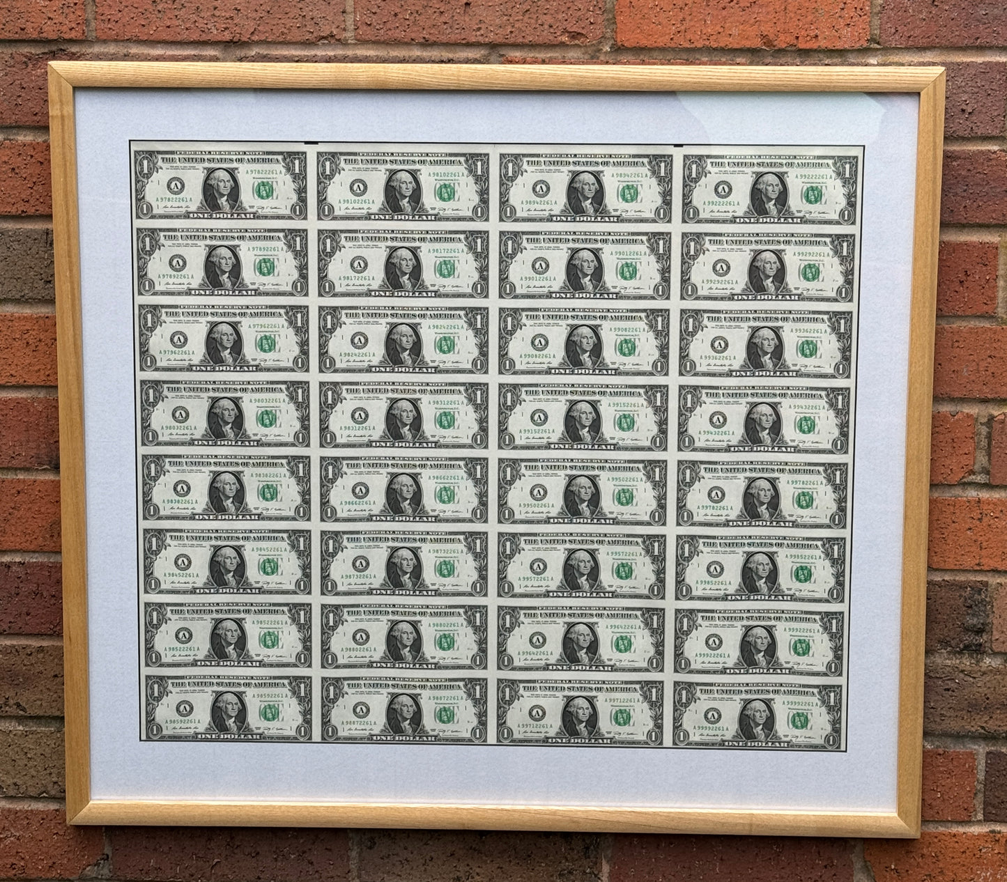 Rare Framed Sheet of 32 United States of America $1 Bills 2009 Uncut Pop Art