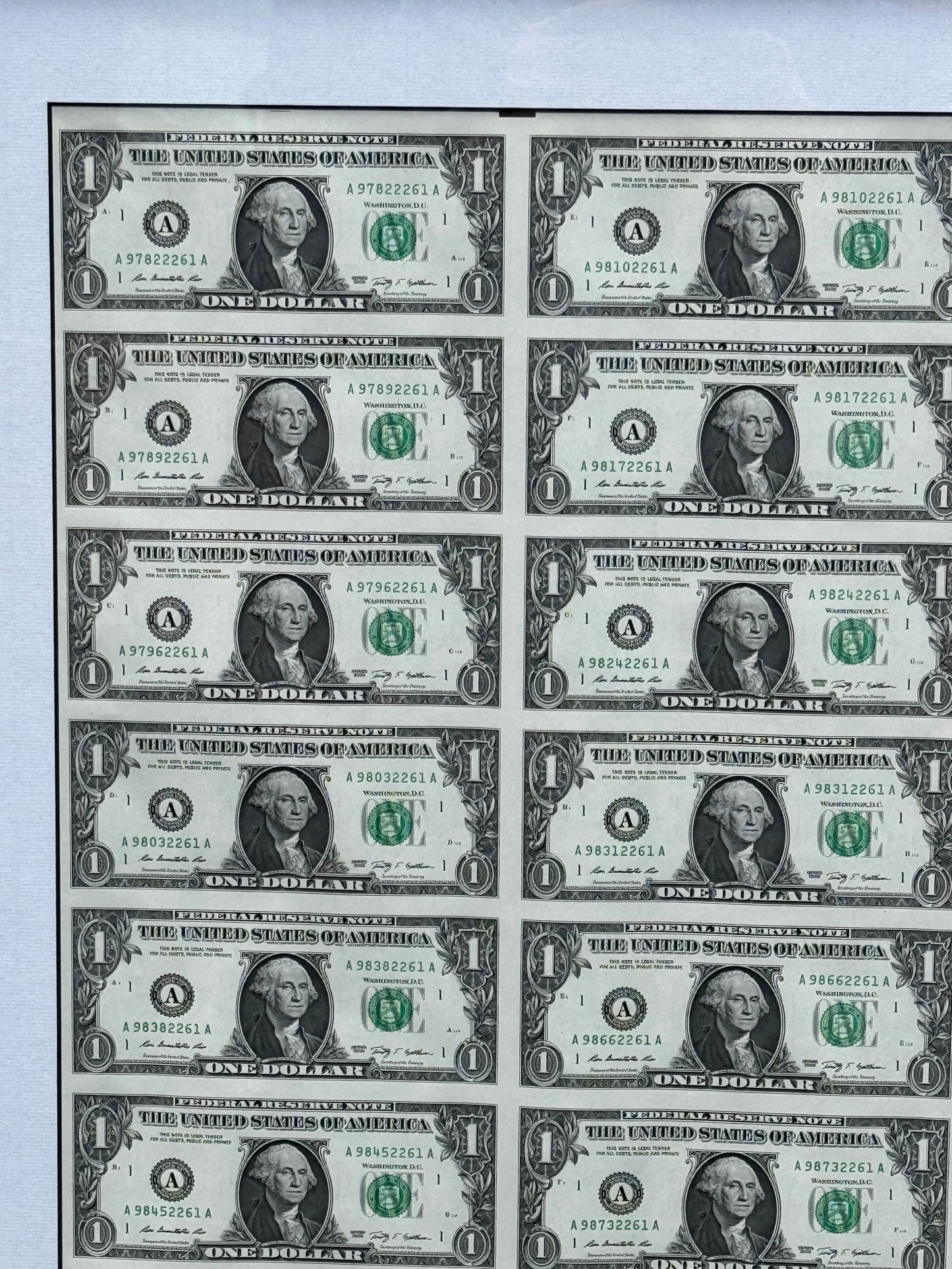 Rare Framed Sheet of 32 United States of America $1 Bills 2009 Uncut Pop Art