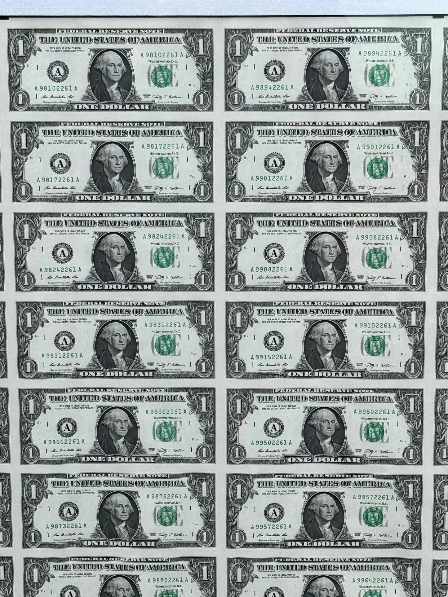Rare Framed Sheet of 32 United States of America $1 Bills 2009 Uncut Pop Art