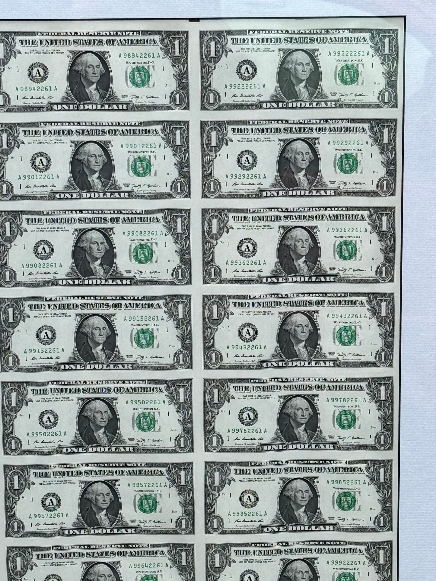 Rare Framed Sheet of 32 United States of America $1 Bills 2009 Uncut Pop Art