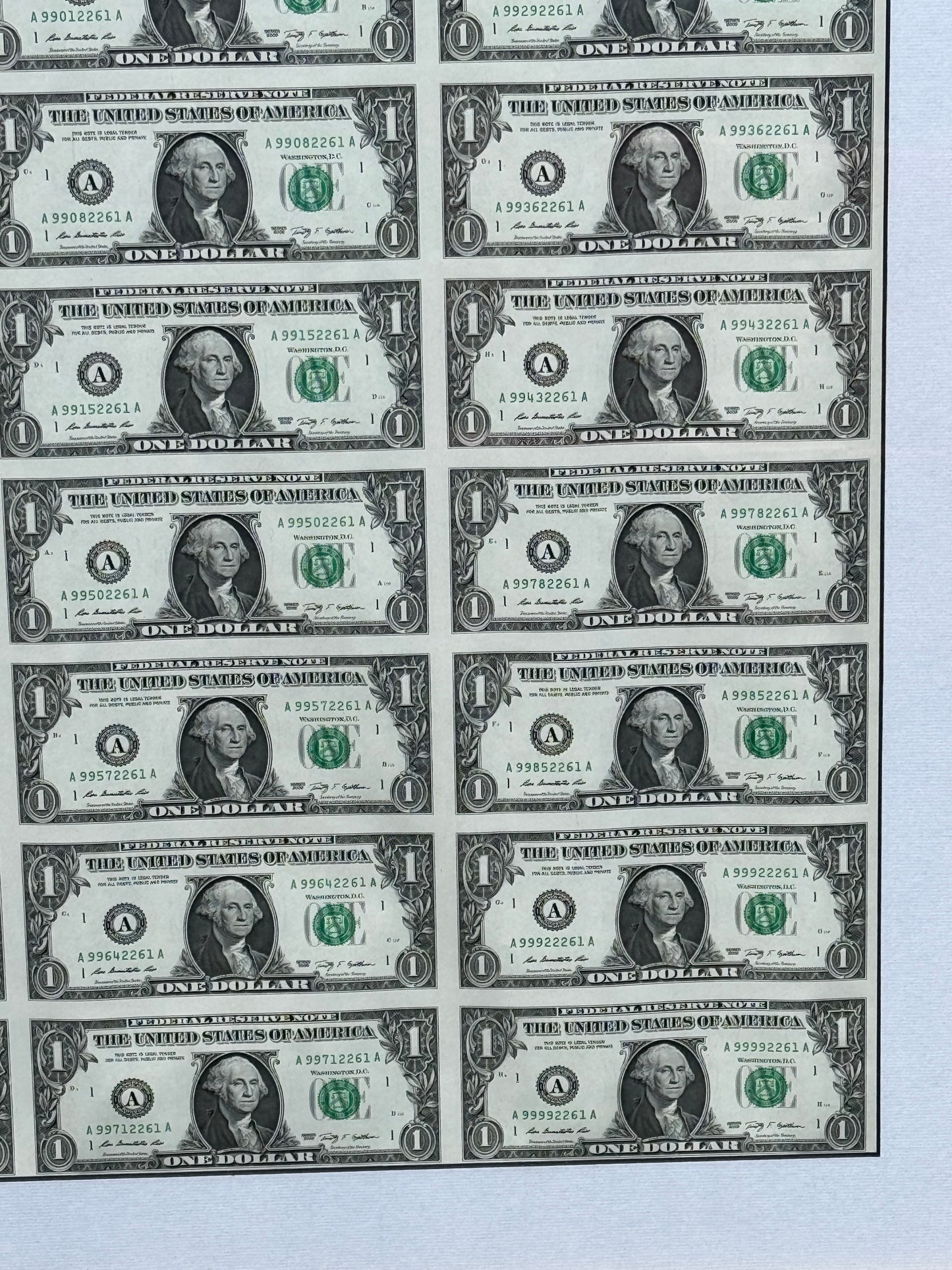 Rare Framed Sheet of 32 United States of America $1 Bills 2009 Uncut Pop Art