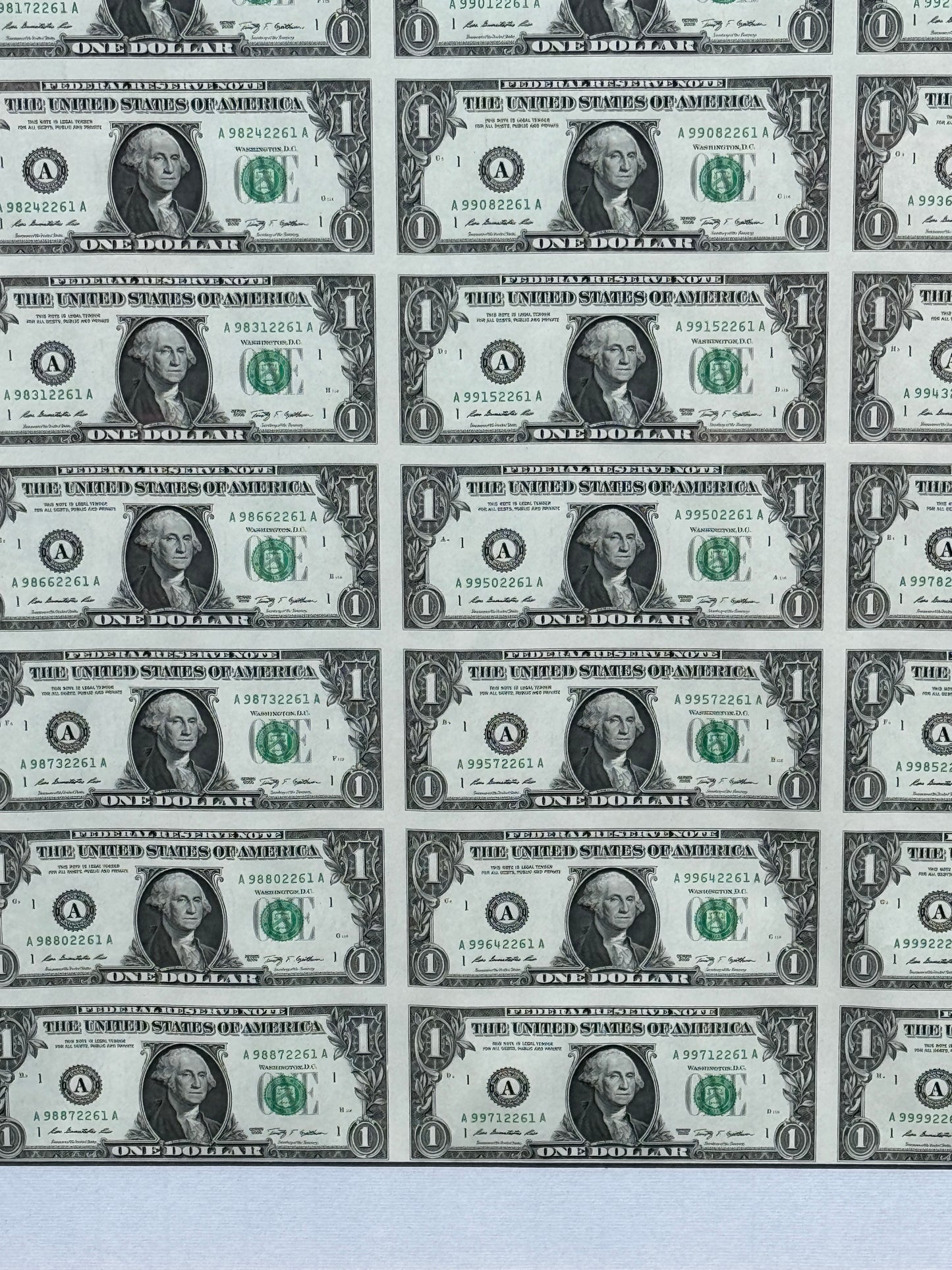 Rare Framed Sheet of 32 United States of America $1 Bills 2009 Uncut Pop Art