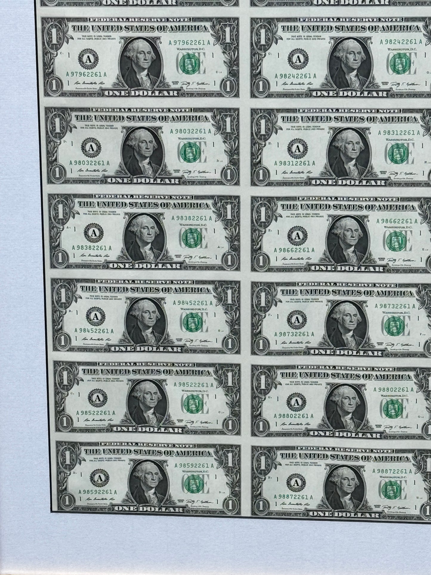 Rare Framed Sheet of 32 United States of America $1 Bills 2009 Uncut Pop Art