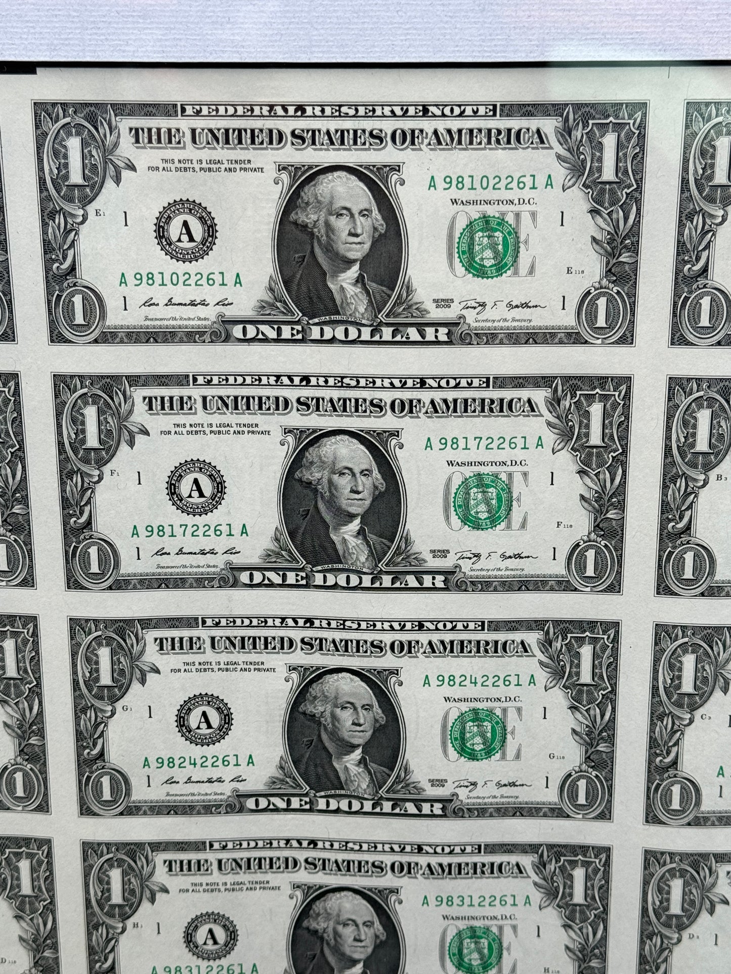 Rare Framed Sheet of 32 United States of America $1 Bills 2009 Uncut Pop Art