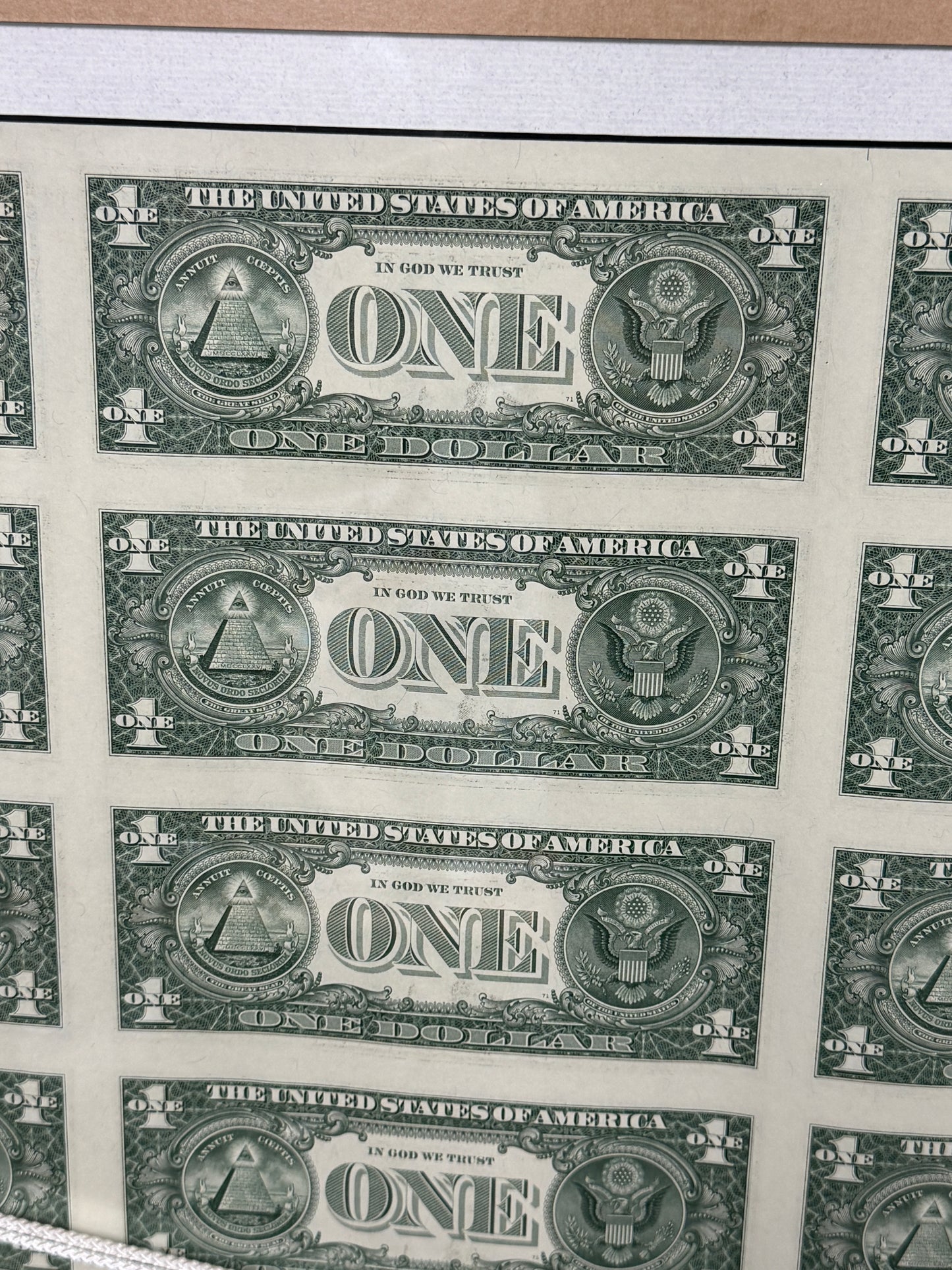 Rare Framed Sheet of 32 United States of America $1 Bills 2009 Uncut Pop Art