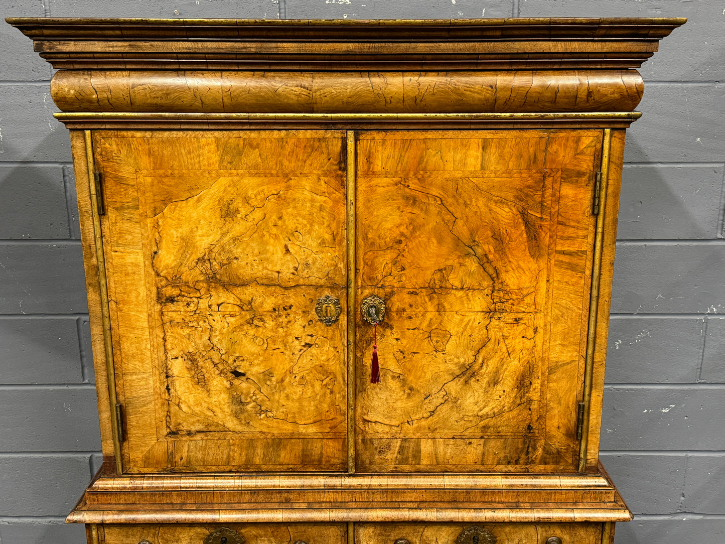 Stunning 18th Century Antique Burr Walnut Cabinet on Chest with Fitted Interior