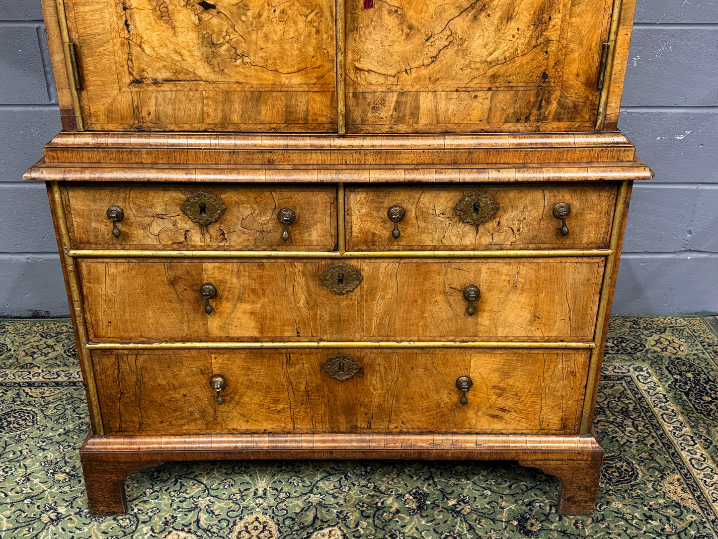 Stunning 18th Century Antique Burr Walnut Cabinet on Chest with Fitted Interior