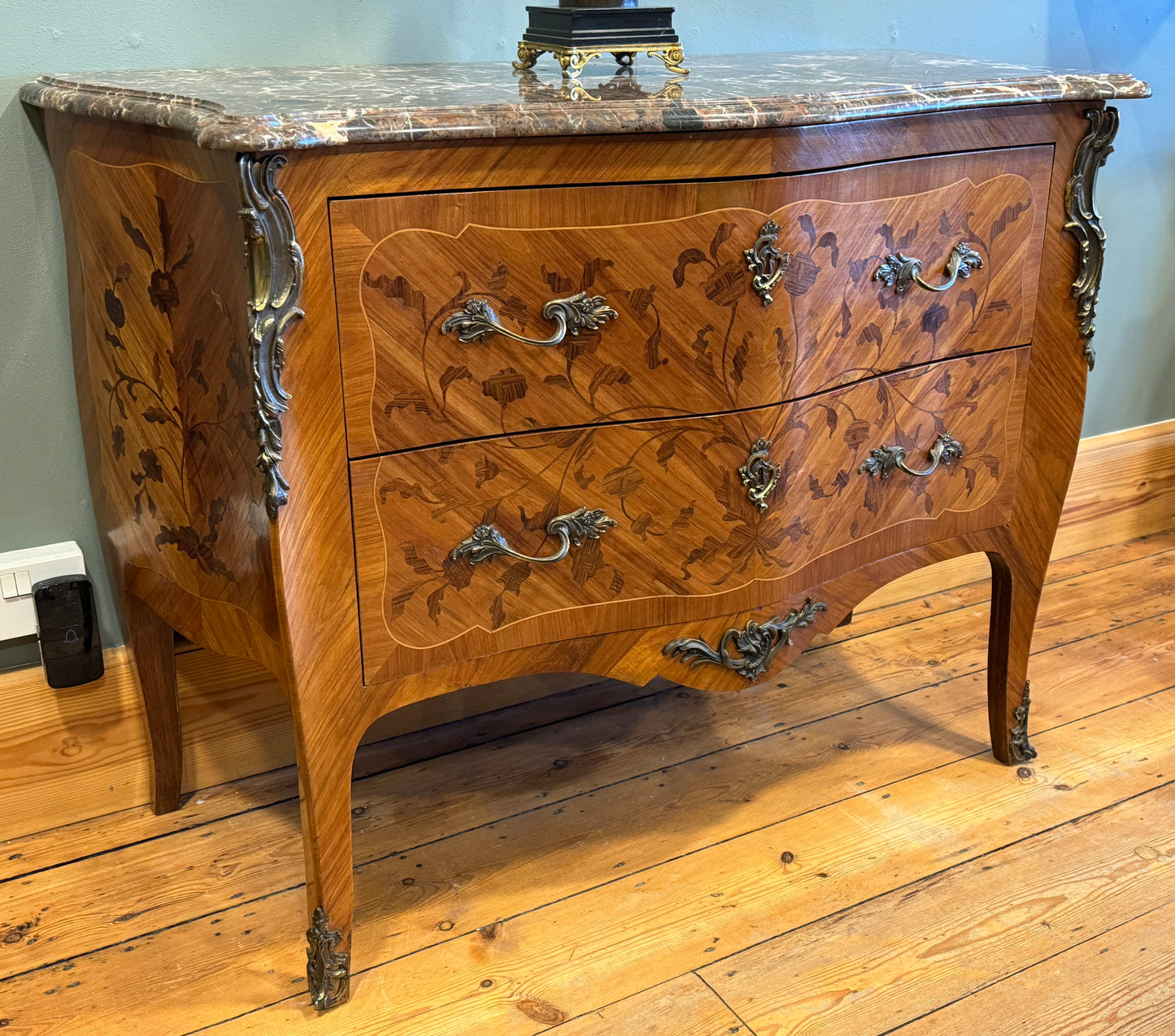 Antique French Inlaid Tulip Wood Chest of Two Large Drawers with Marble Top c1900