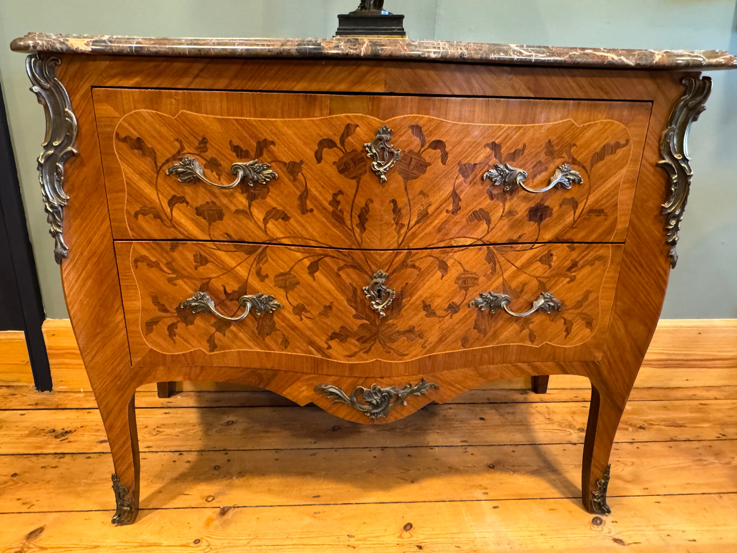 Antique French Inlaid Tulip Wood Chest of Two Large Drawers with Marble Top c1900