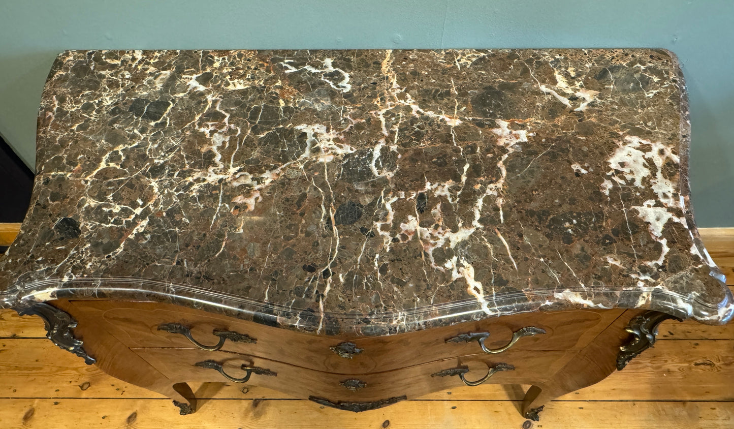 Antique French Inlaid Tulip Wood Chest of Two Large Drawers with Marble Top c1900
