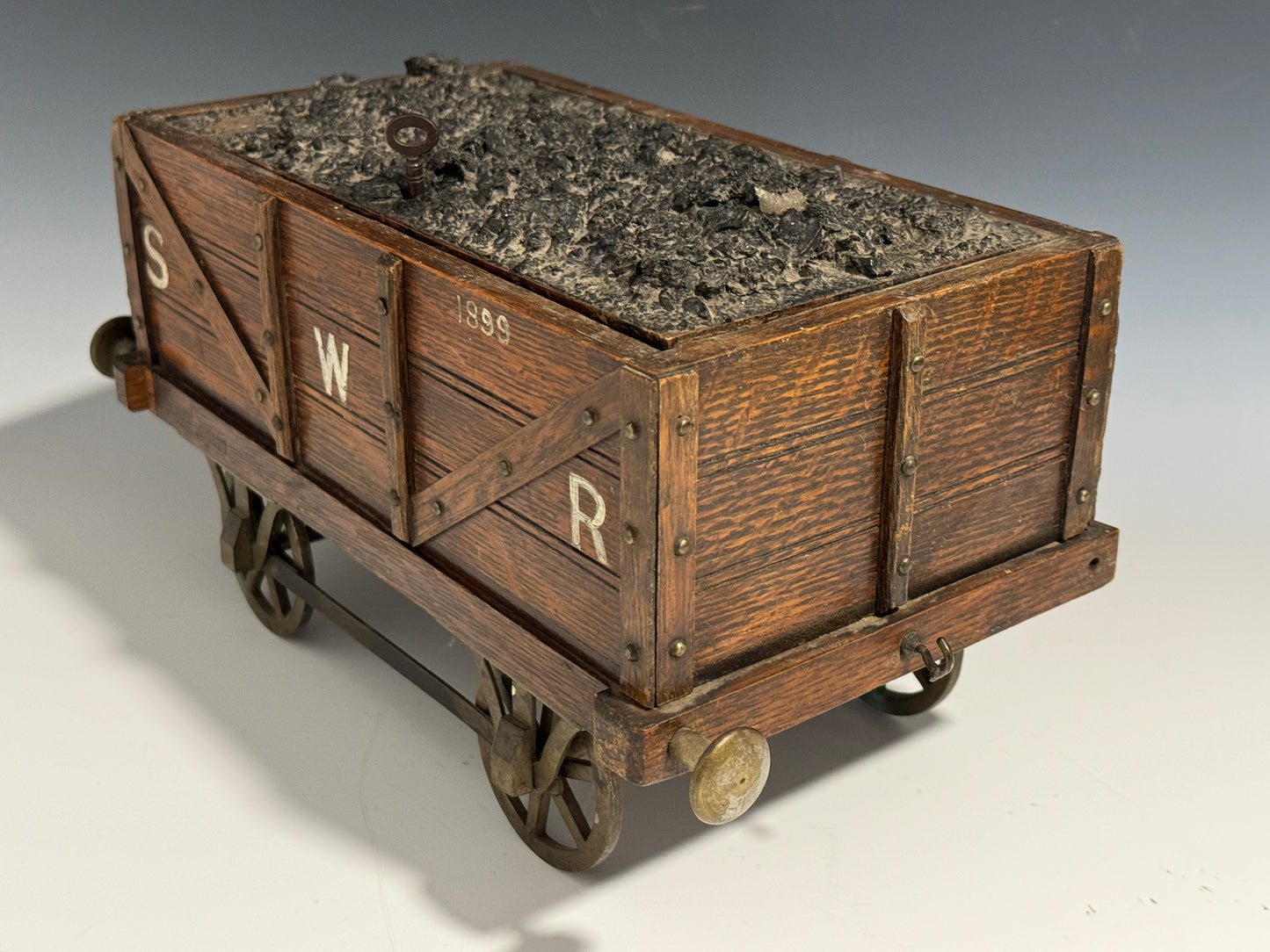 Rare Antique Oak Railway SWR Coal Wagon Cigar Humidor c1890