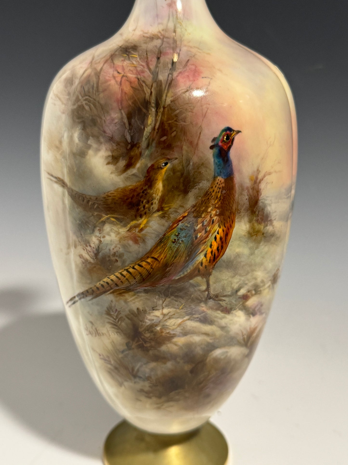 A Stunning Large Royal Worcester Vase Hand Painted Pheasants signed Stinton 1915