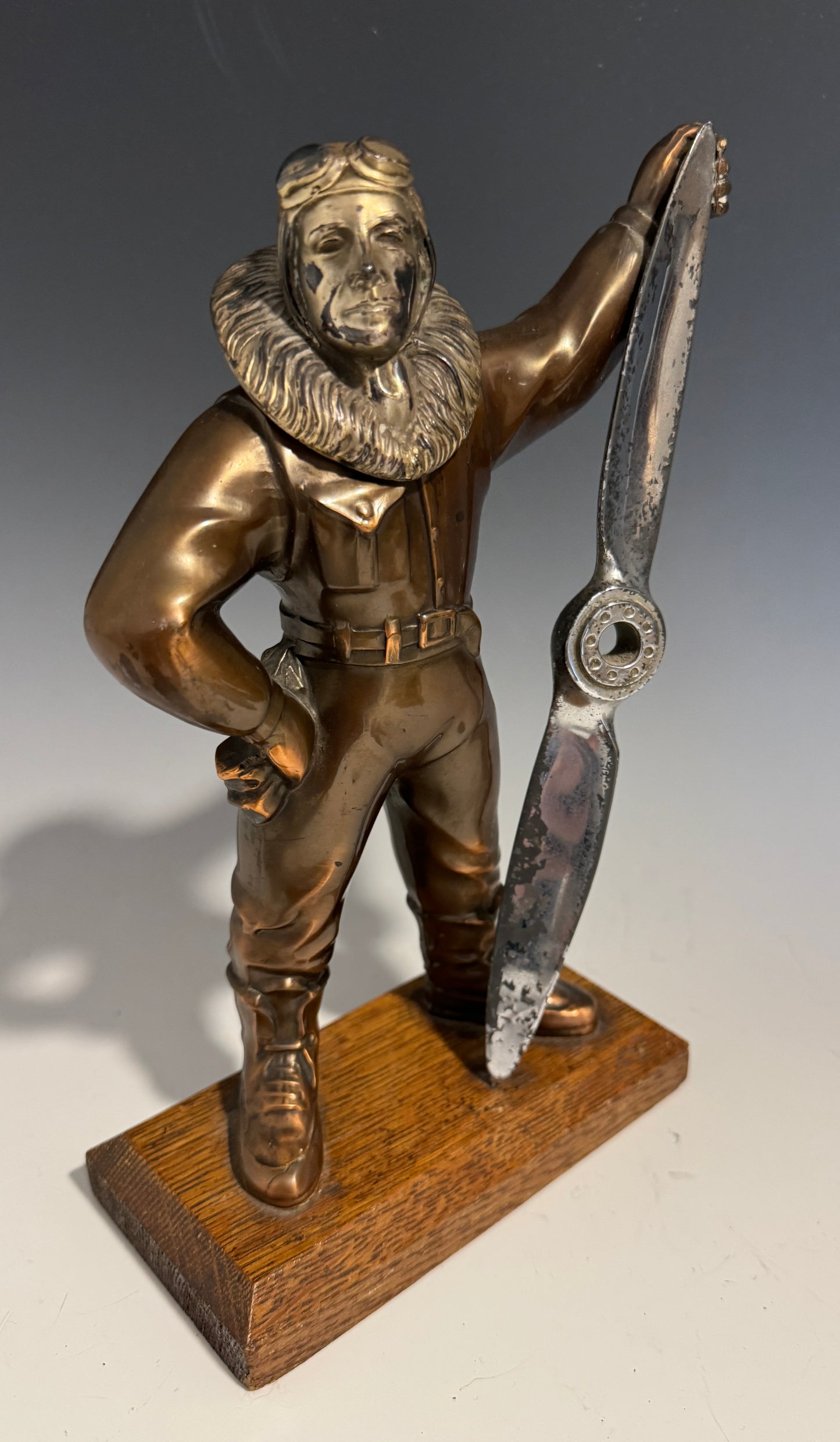 Rare 1930's WWII RAF Pilot Bronze Spelter Chrome Table Lighter on Oak Base