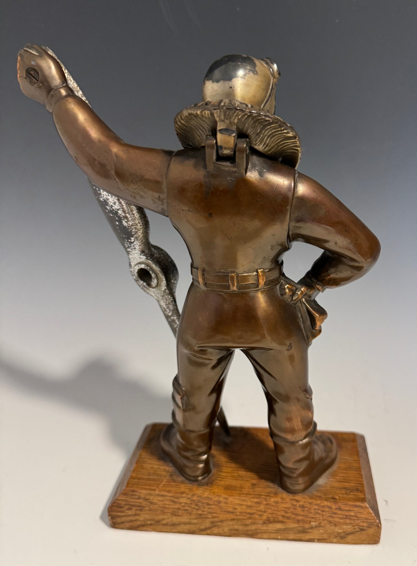 Rare 1930's WWII RAF Pilot Bronze Spelter Chrome Table Lighter on Oak Base