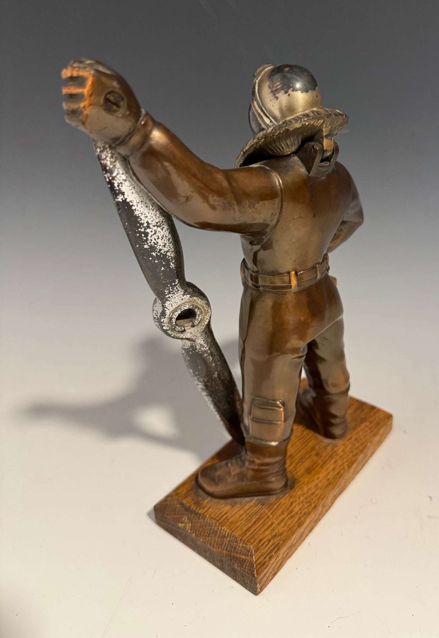 Rare 1930's WWII RAF Pilot Bronze Spelter Chrome Table Lighter on Oak Base