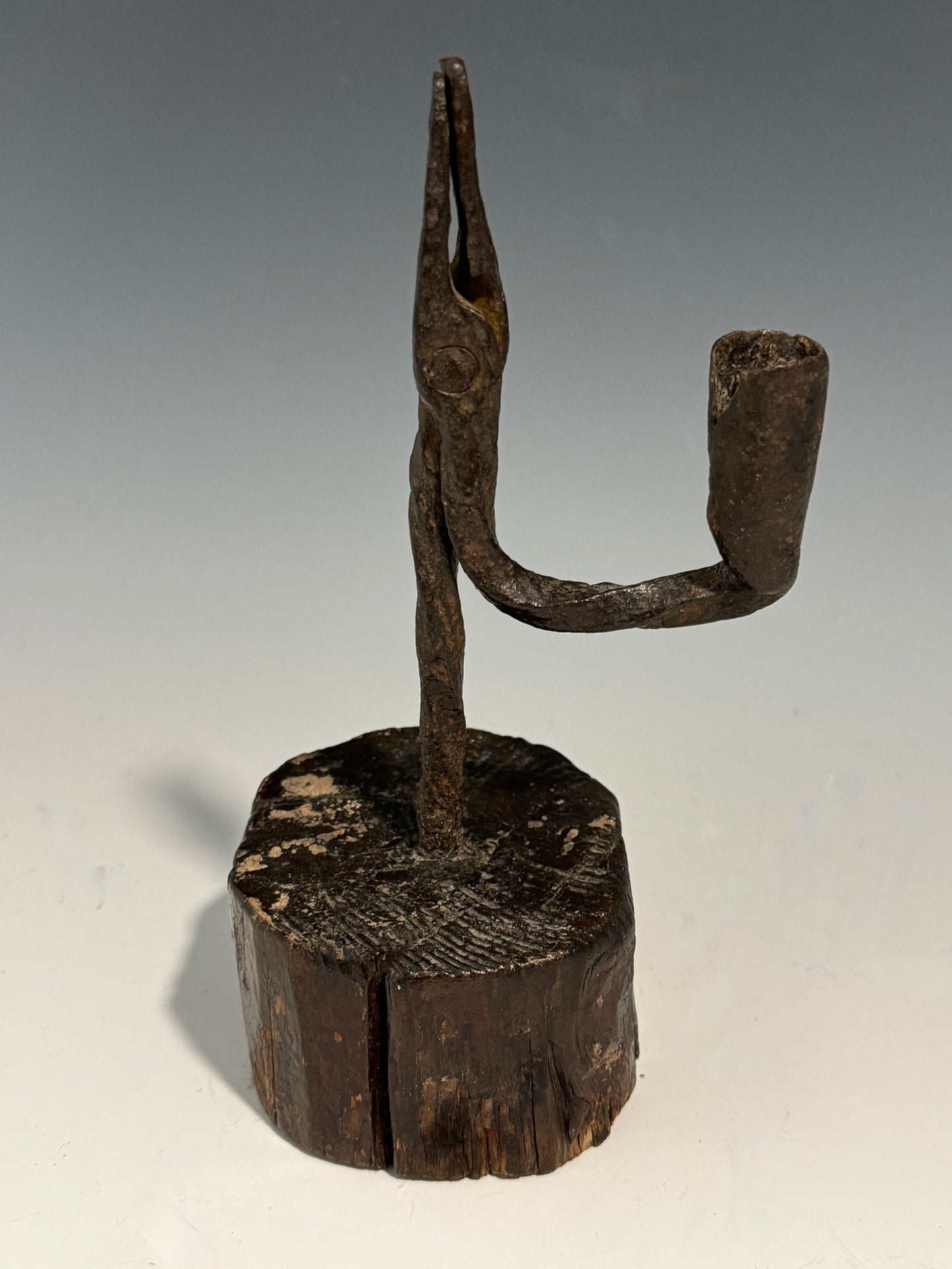 A Rare 18th Century Welsh Wrought Iron Rush light Candle holder on Oak Base