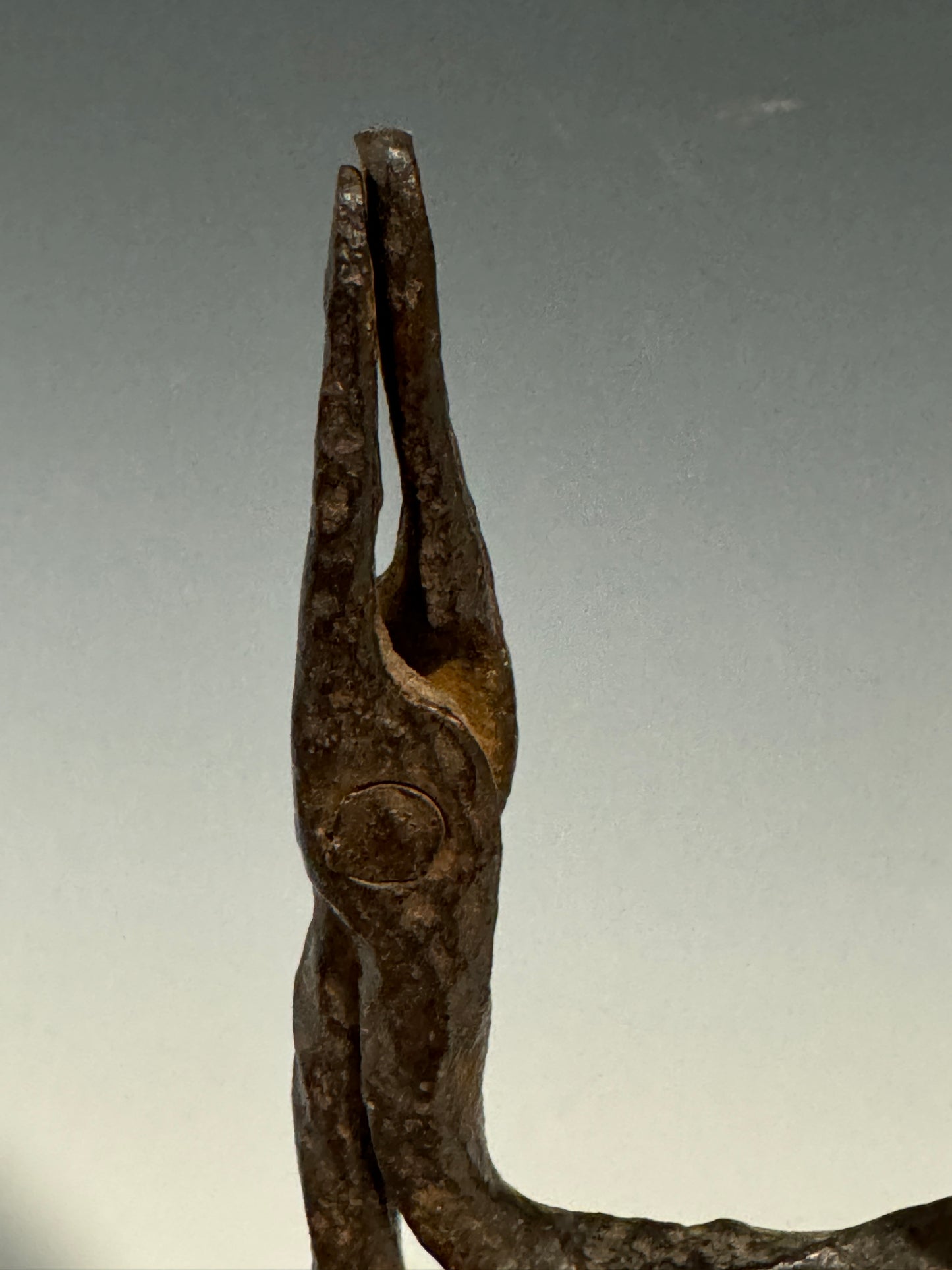 A Rare 18th Century Welsh Wrought Iron Rush light Candle holder on Oak Base