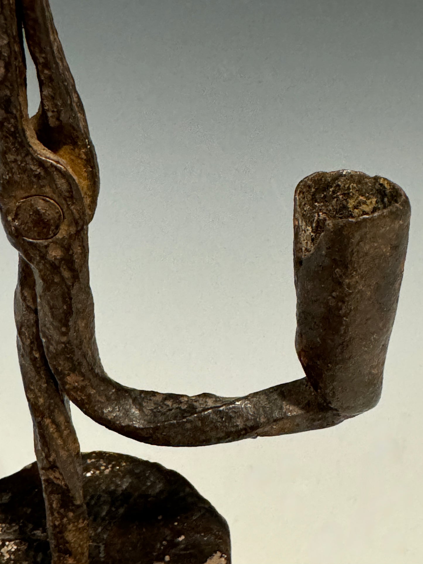 A Rare 18th Century Welsh Wrought Iron Rush light Candle holder on Oak Base