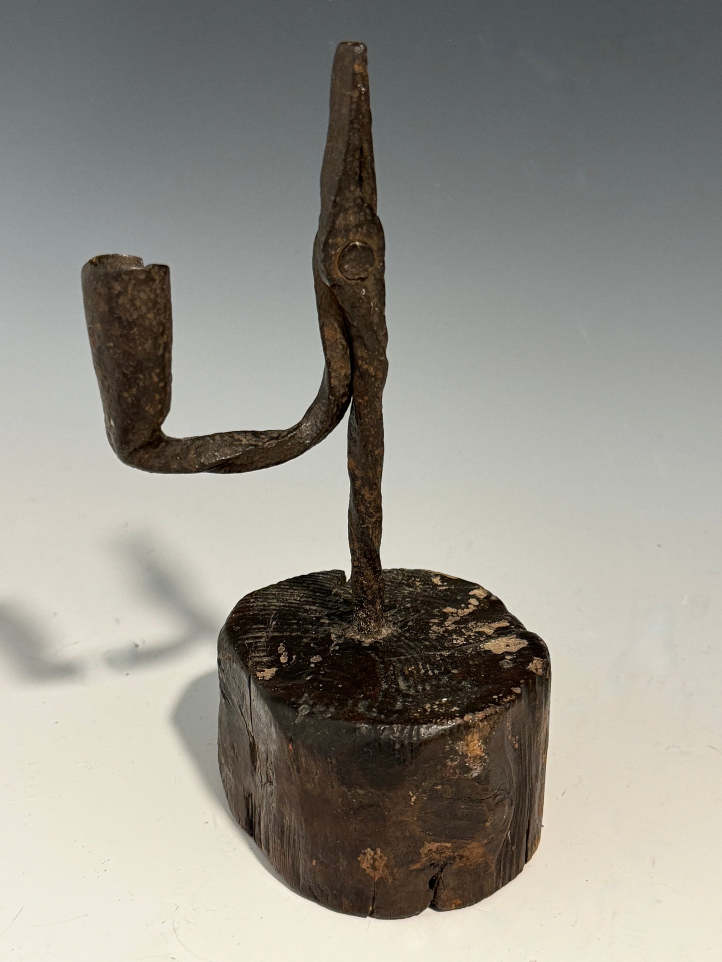 A Rare 18th Century Welsh Wrought Iron Rush light Candle holder on Oak Base