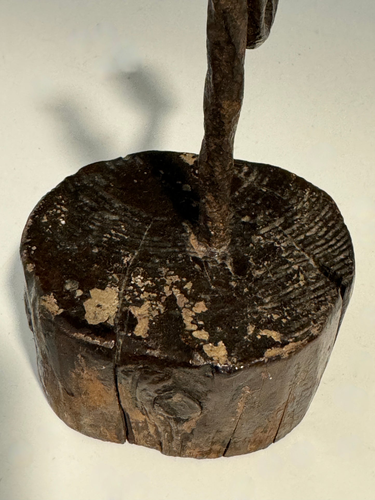 A Rare 18th Century Welsh Wrought Iron Rush light Candle holder on Oak Base