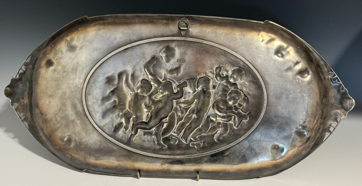 A Large Antique Silver Plated WMF Tray with Embossed Cherubs signed c1910