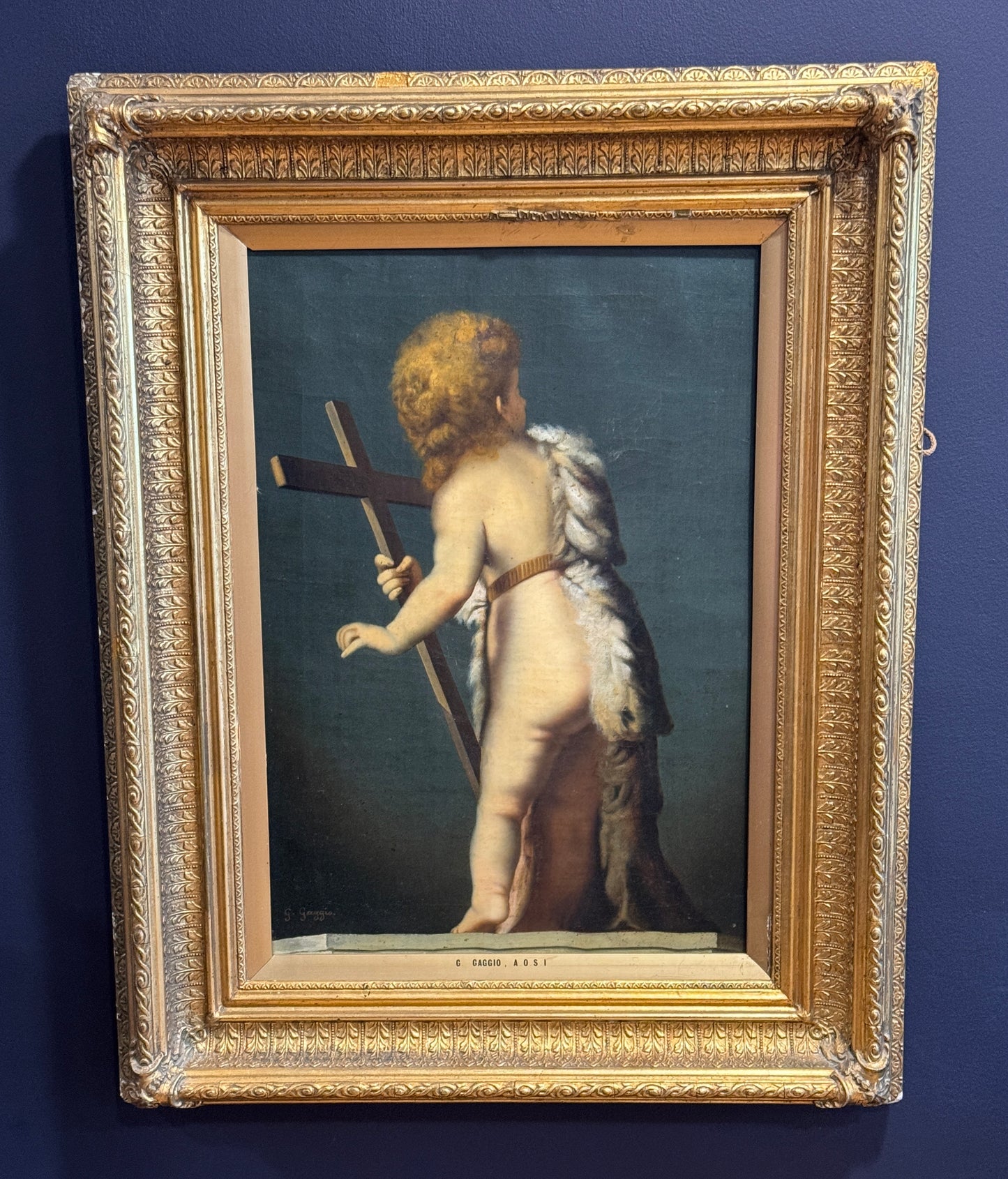 Antique 19th Century Oil Painting of Putti with Crucifix signed G Gaggio