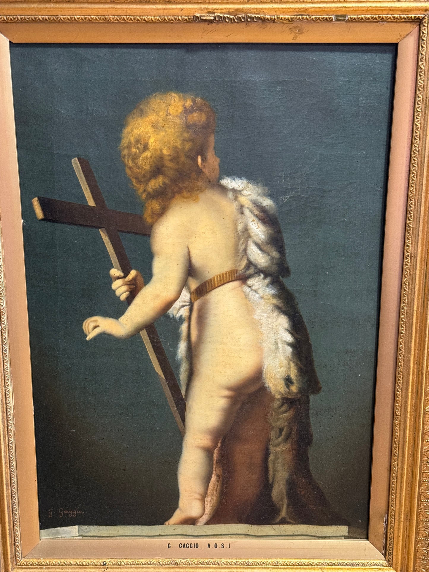 Antique 19th Century Oil Painting of Putti with Crucifix signed G Gaggio