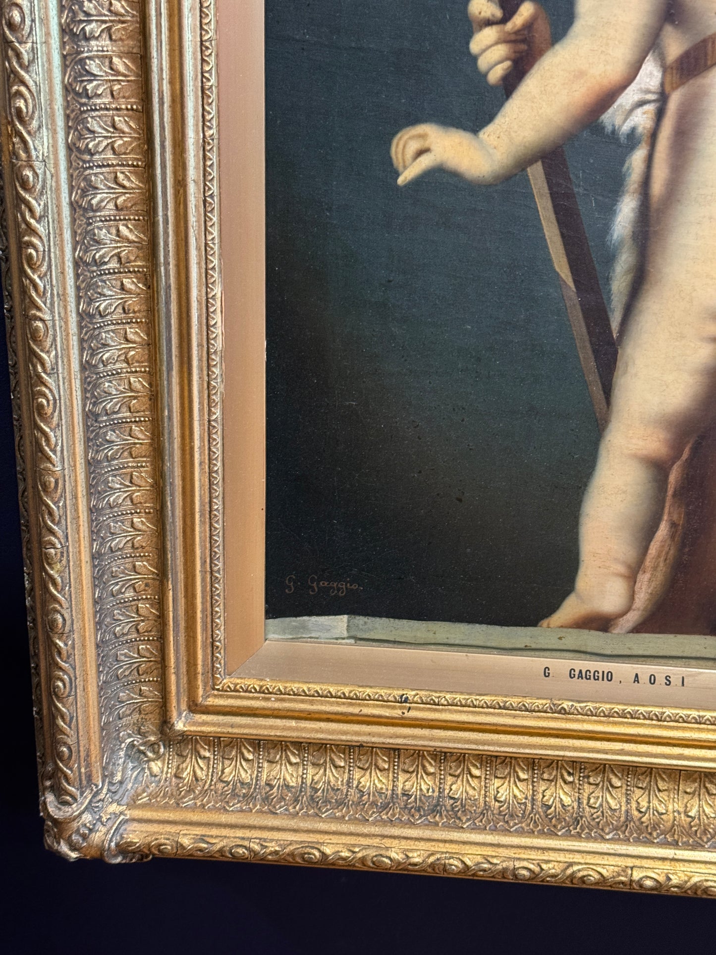 Antique 19th Century Oil Painting of Putti with Crucifix signed G Gaggio