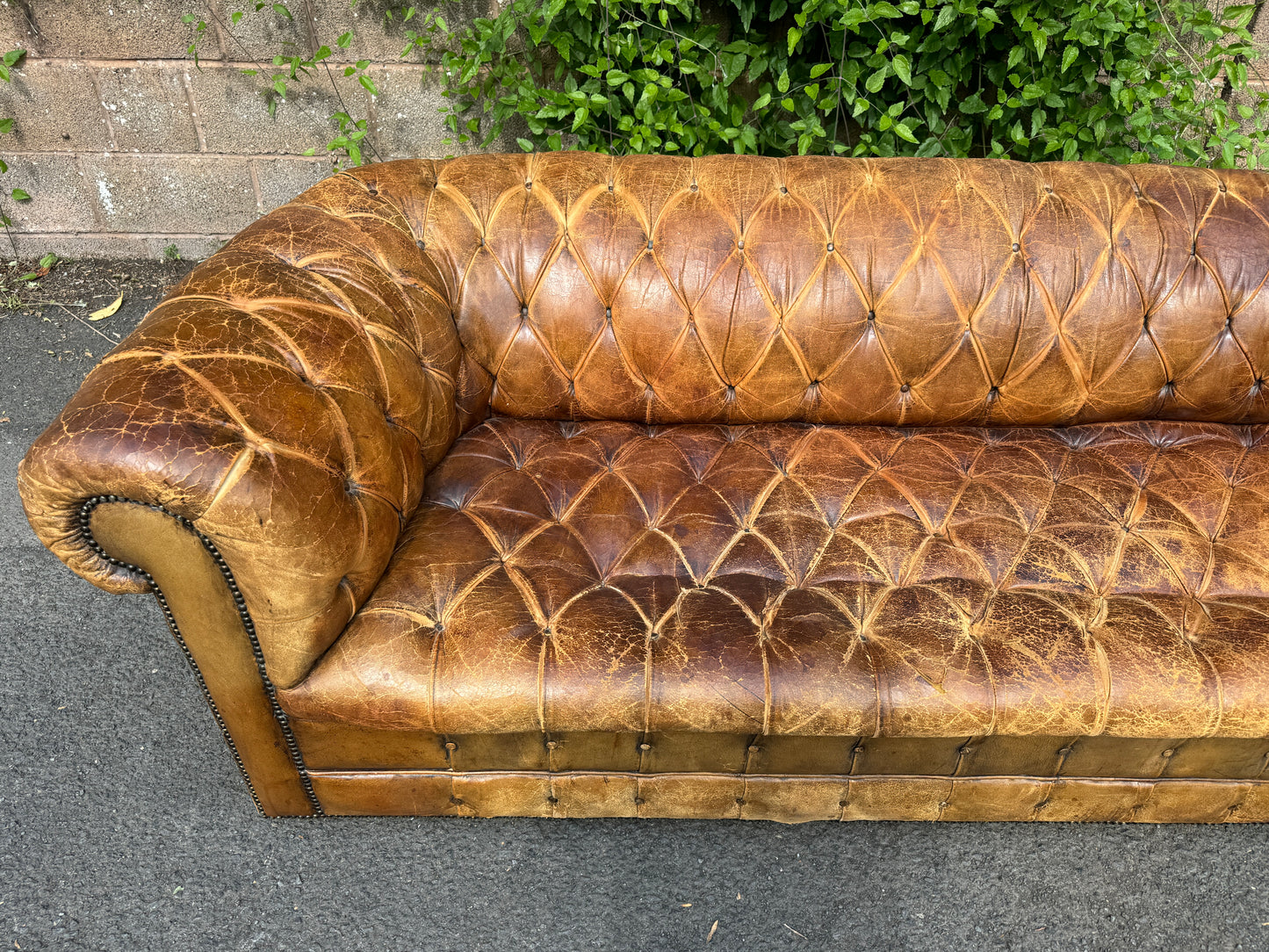 Antique Vintage Brown Leather Time Worn 3 Seater Chesterfield Sofa