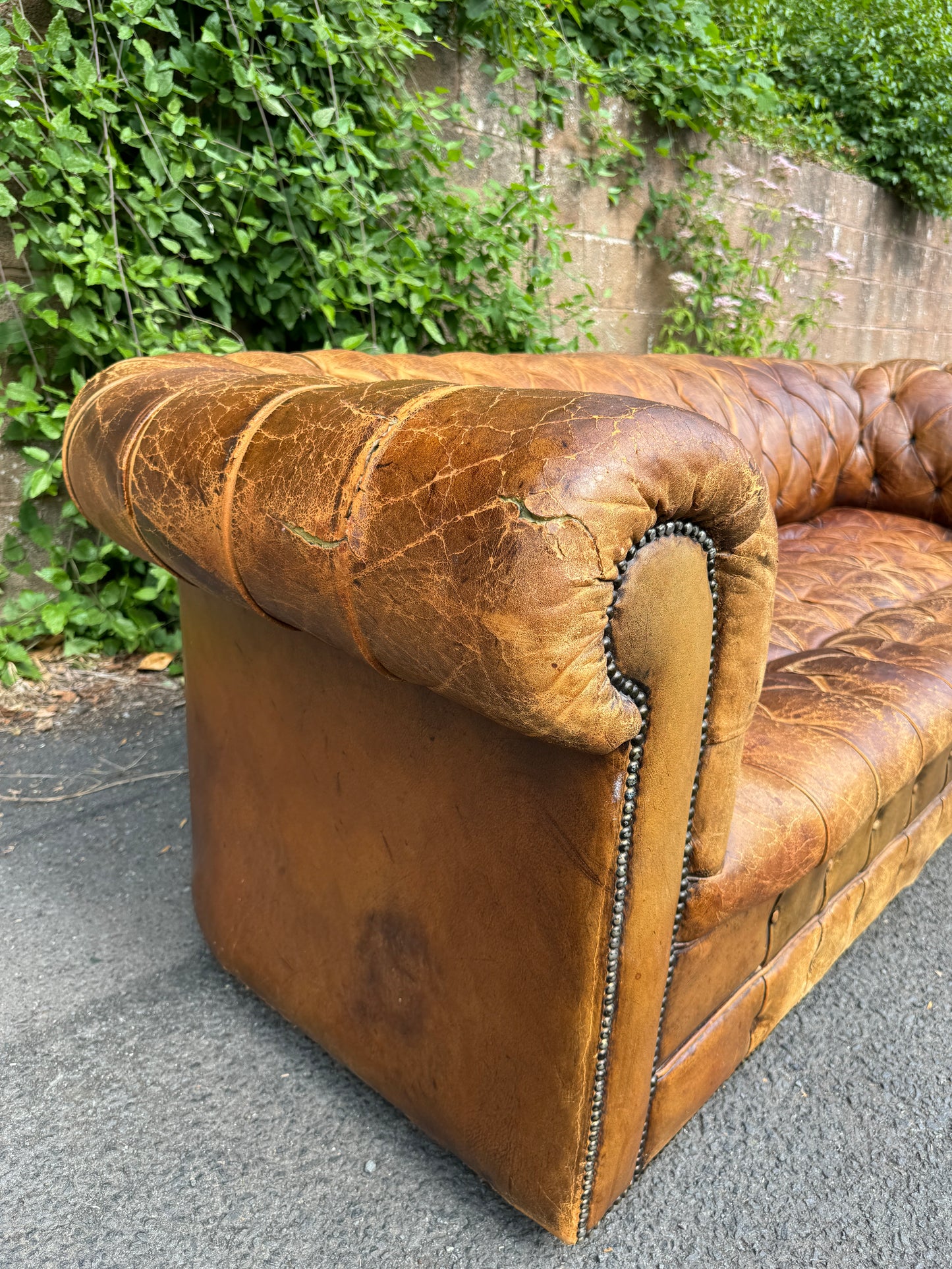 Antique Vintage Brown Leather Time Worn 3 Seater Chesterfield Sofa