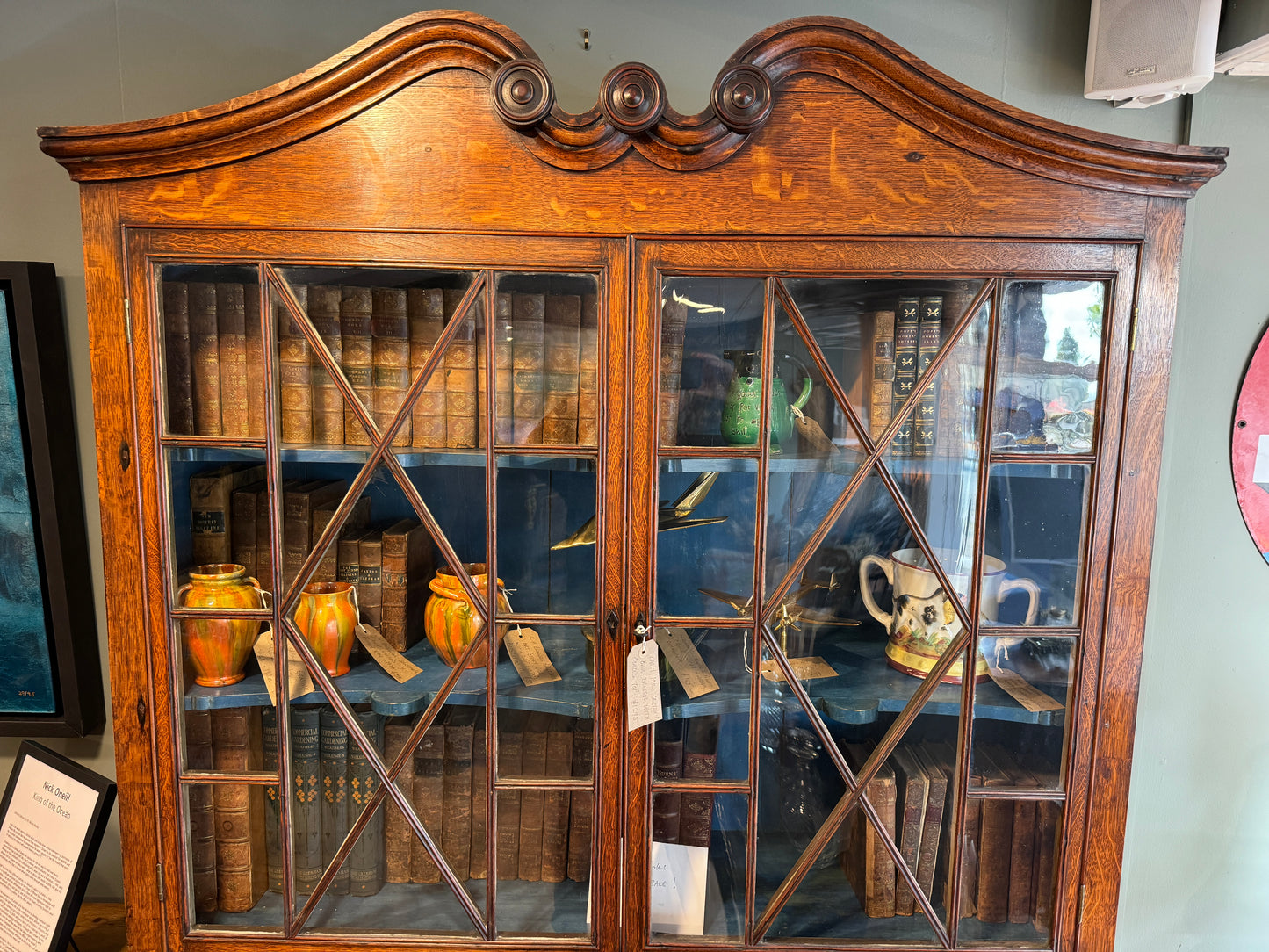 An Early Antique 19th Century Oak Glazed Bookcase on Cupboard