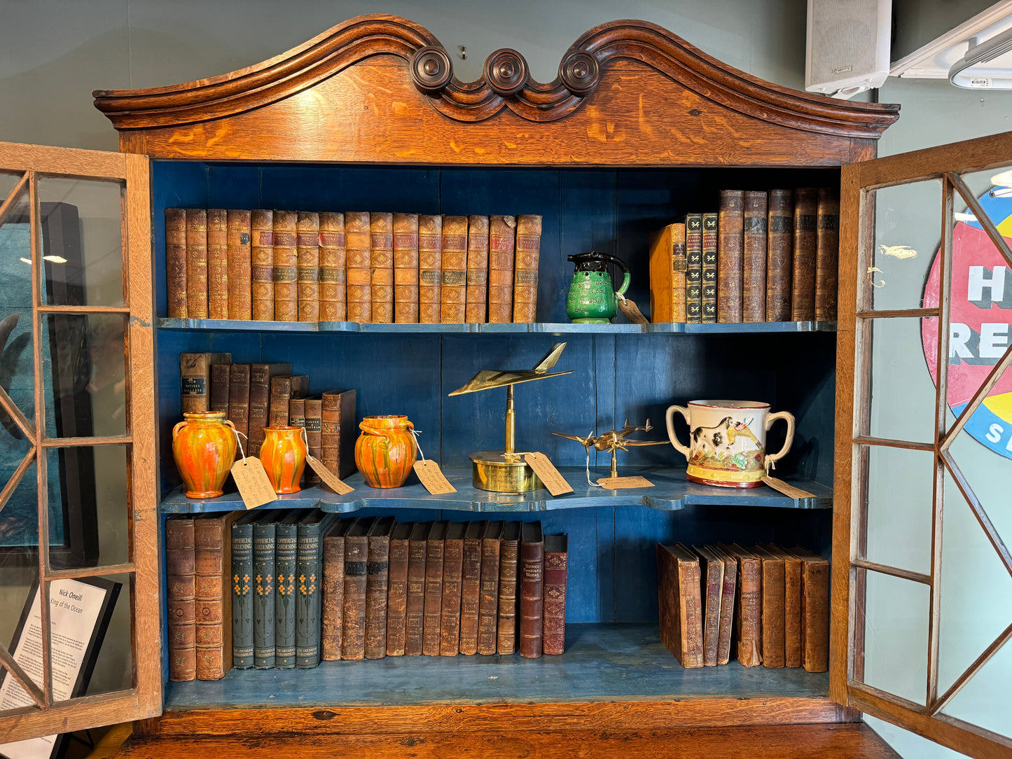 An Early Antique 19th Century Oak Glazed Bookcase on Cupboard