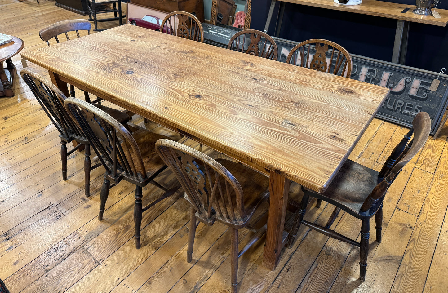 Large Antique Pitch Pine Refectory Dining Kitchen Table 8 Eight Seater