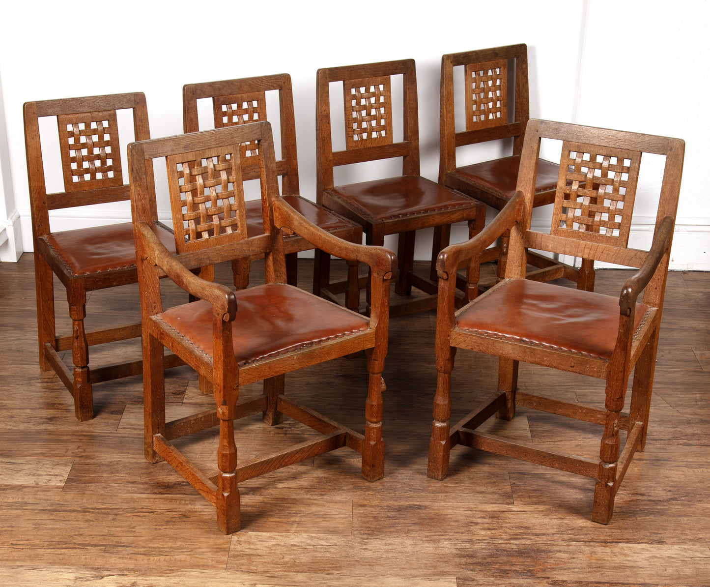 Robert Thompson of Kilburn Mouseman Set of 6 Six Oak Dining Chairs c1970
