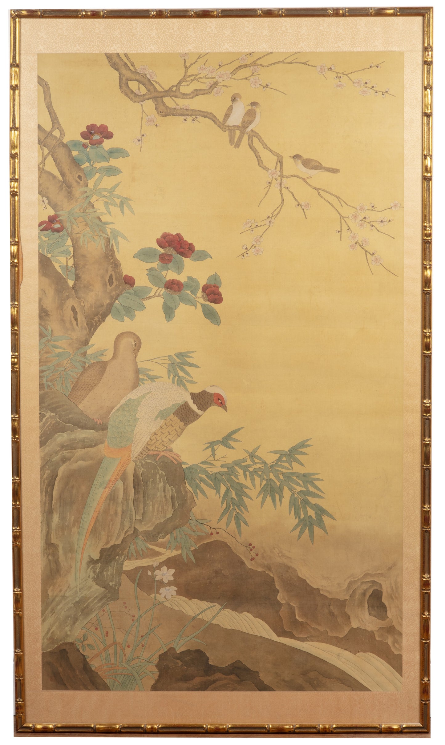 A Very Large Early 20th Century Chinese Watercolour Scroll in Faux Bamboo Frame