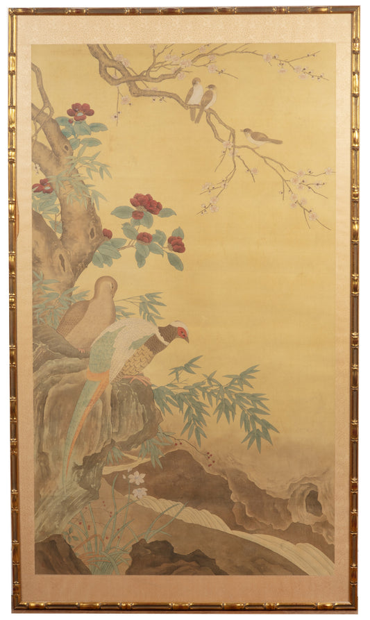 A Very Large Early 20th Century Chinese Watercolour Scroll in Faux Bamboo Frame