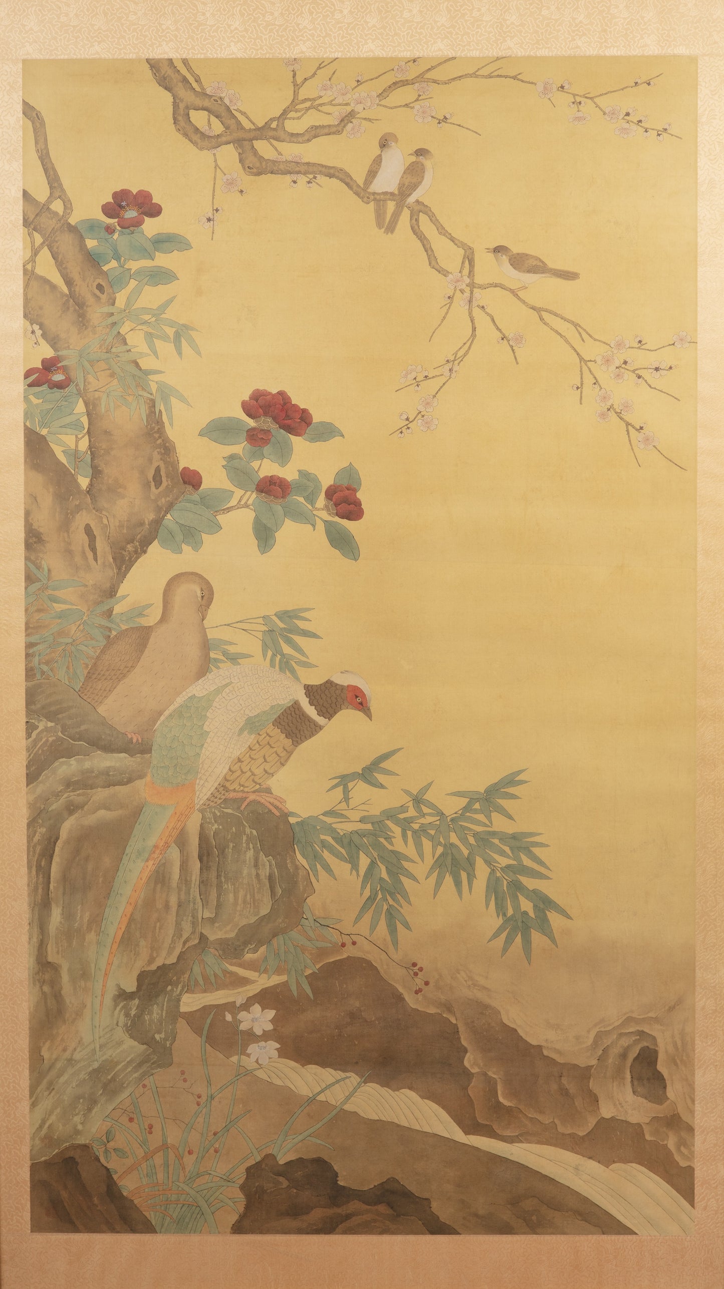 A Very Large Early 20th Century Chinese Watercolour Scroll in Faux Bamboo Frame