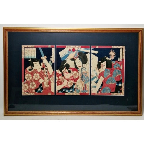 Chikashige Morikawa Signed Antique Japanese Oban Tryptic Woodblock Print c1880