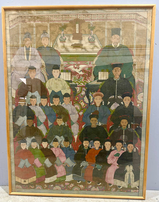 Huge Antique Qing Dynasty Chinese Ancestral Portrait Painting on Cloth 6ft 5'' Tall