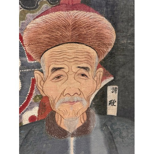 Huge Antique Qing Dynasty Chinese Ancestral Portrait Painting on Cloth 6ft 5'' Tall